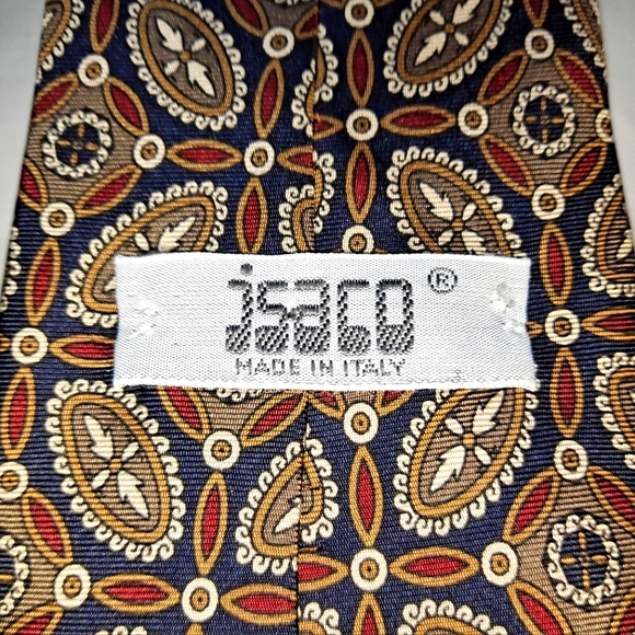 Vintage Isaco 💯 Silk Men's Necktie 57-60" x 3.5" Gold/Black/Burgundy Geometric - Picture 4 of 8